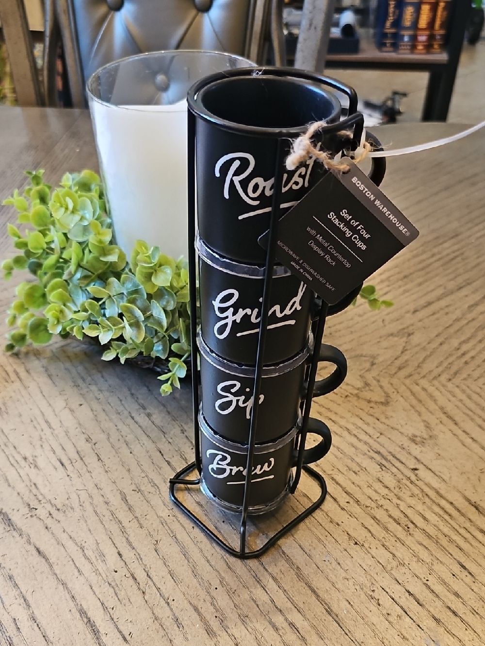 Boston Warehouse Black Stacked Espresso Cup Set with Script NWT